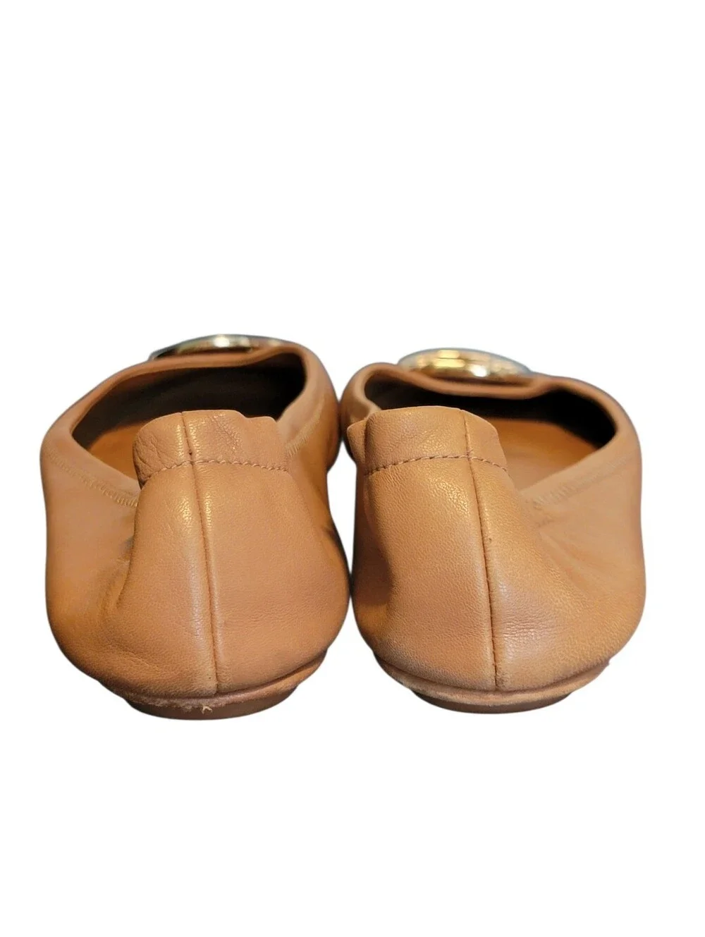 TORY BURCH Tan Leather Reva Ballet Flats Gold Logo 7.5